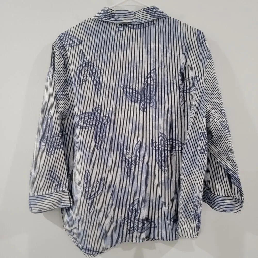 Alfred Dunner Womens Button Up Top Size XXL Striped Butterflies Sequin - Picture 3 of 7